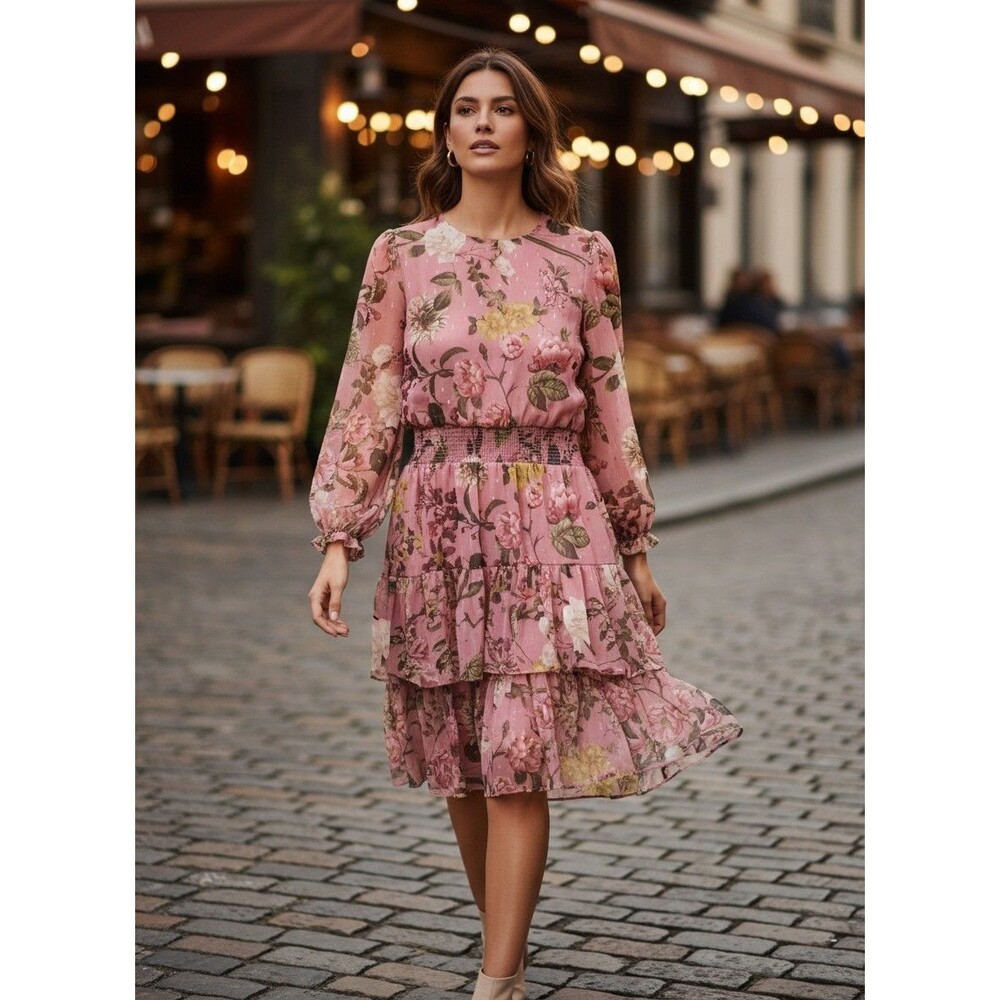 Eliza J Floral Print Balloon Sleeve Ruffle Dress Pink Sz. 10